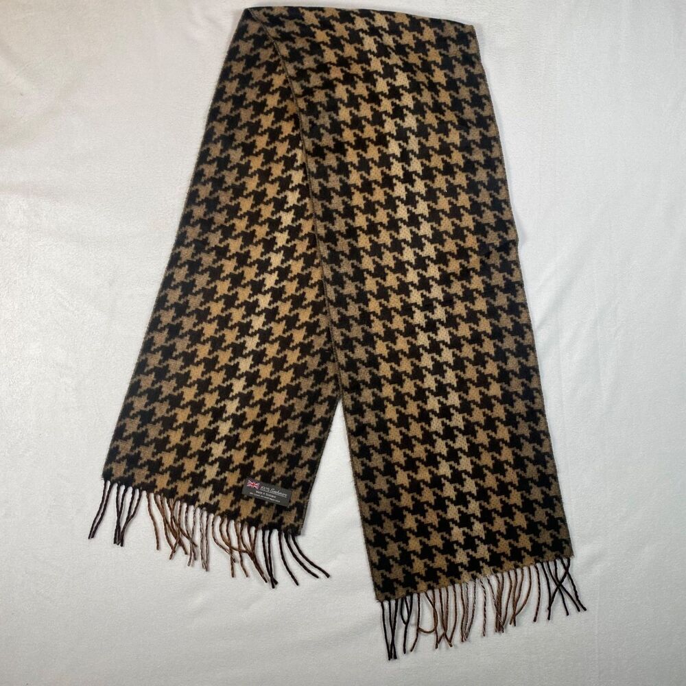 Made in Scotland 100% Cashmere Houndstooth Scarf Brown Ombre Fringe Soft